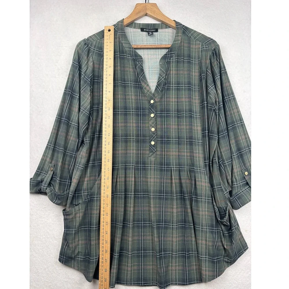 Roz and Ali Tunic Womens 1X Plaid Henley Roll Tab Sleeve